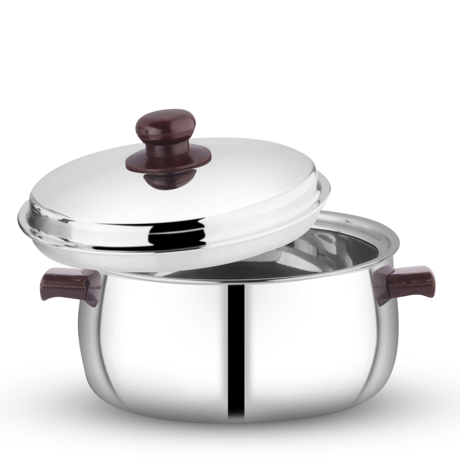 Stainless steel Garuda belly shape casserole with brown side handles and partially open lid – premium cookware for heat retention and food storage.