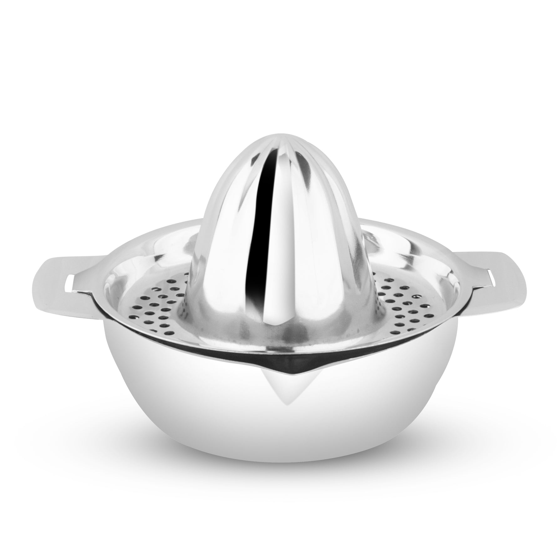 “Garuda stainless steel citrus juicer with strainer and side handles for easy juice extraction”