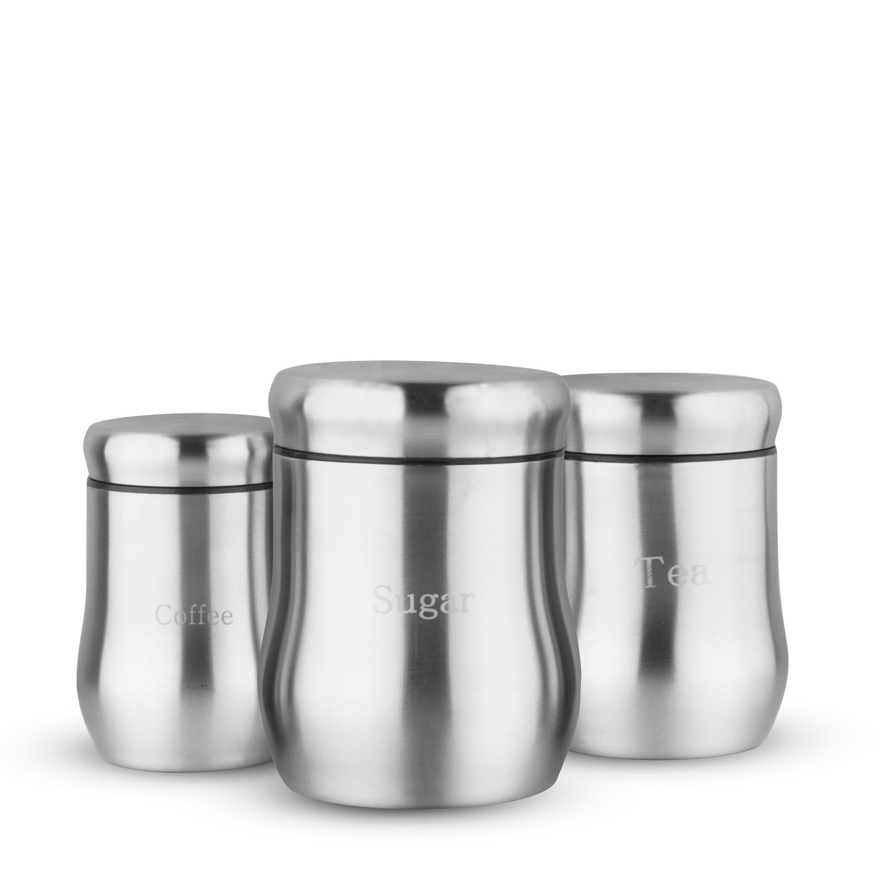 Set of three stainless steel storage canisters labelled 'Coffee,' 'Sugar,' and 'Tea' with a sleek, modern finish, placed side by side against a white background.
