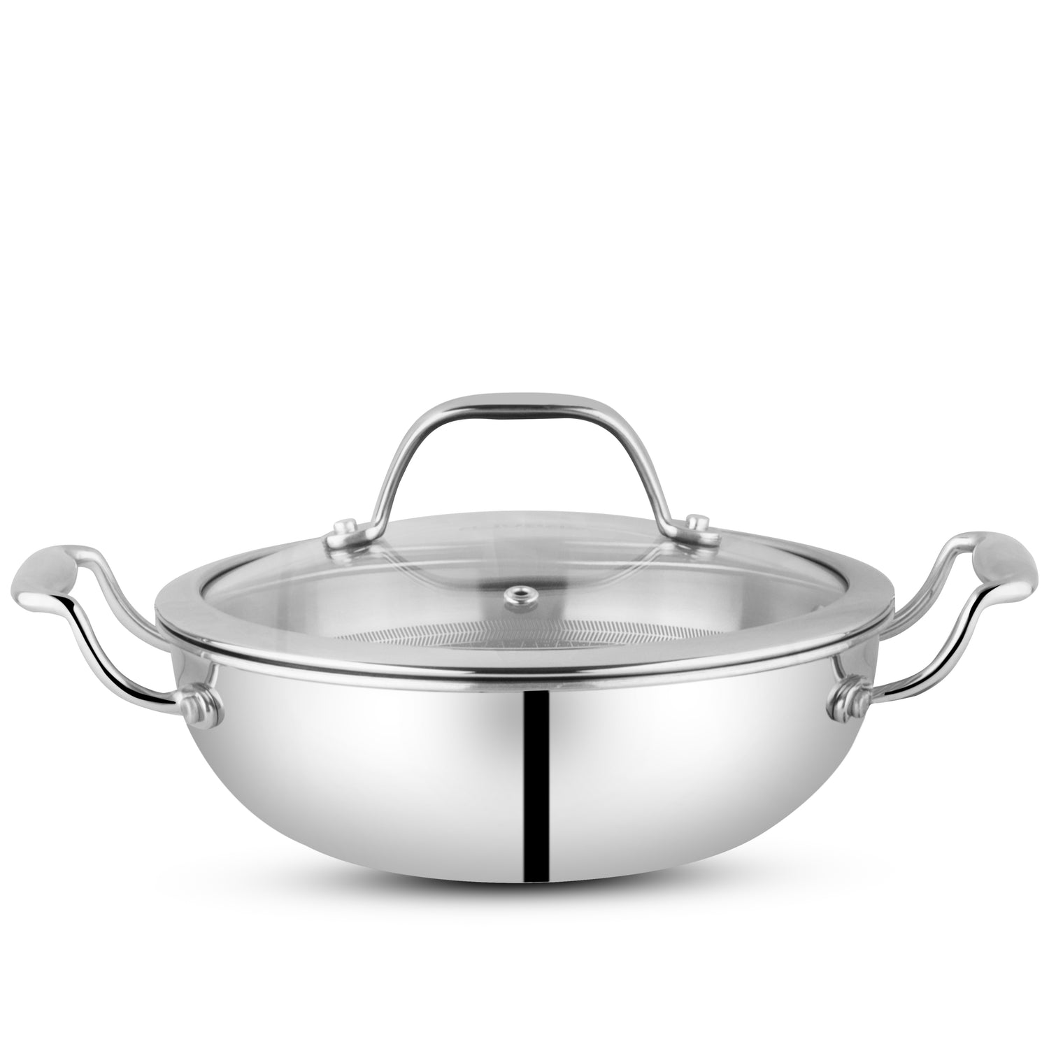 A top-view of a stainless steel kadai with two curved side handles and a transparent glass lid with a metal knob.