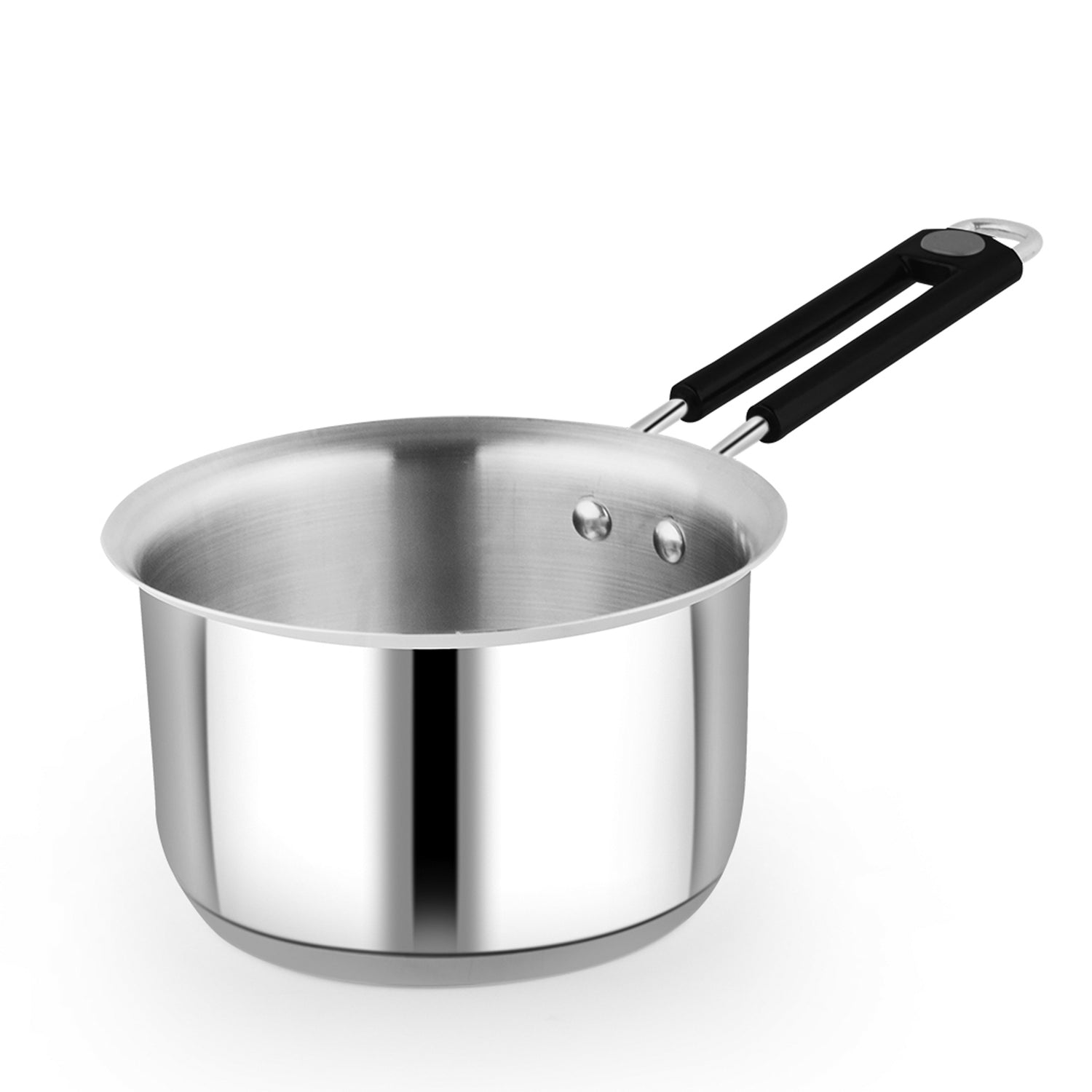 Garuda Alpha Saucepan with a wide rim and black dual-grip handle, made of stainless steel with a brushed interior.