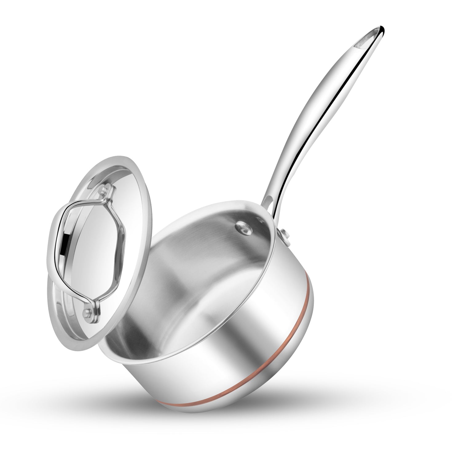 Garuda Premium Fiveply Saucepan with lid partially open, showing a shiny interior and ergonomic long handle.