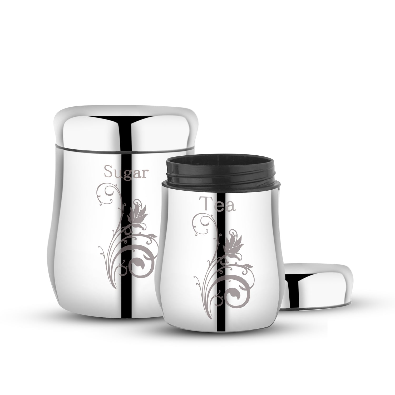 Two stainless steel canisters with floral engraving, labelled “Sugar” and “Tea.”