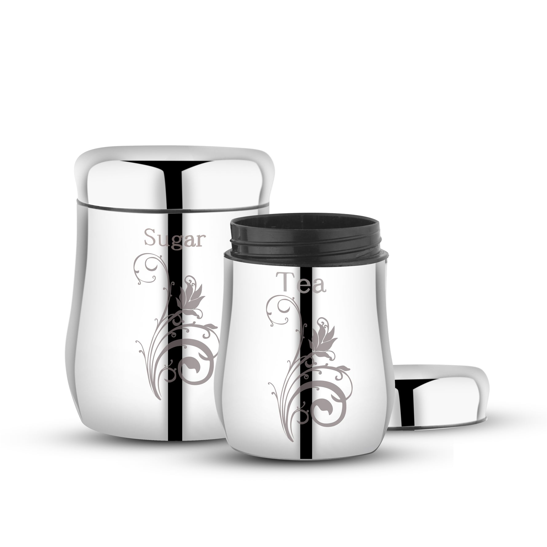 Two stainless steel canisters with floral engraving, labelled “Sugar” and “Tea.”