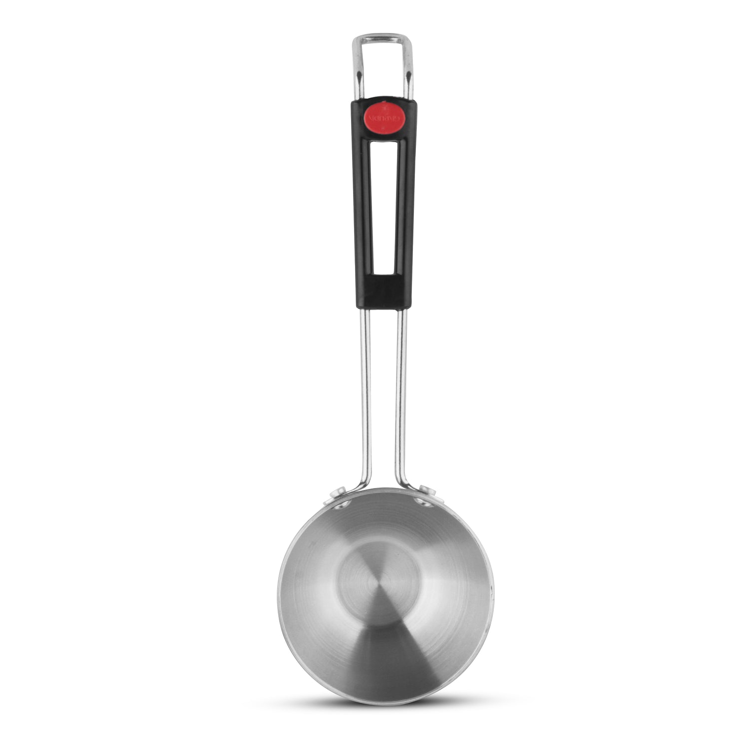 Small stainless steel tadka pan with a long ergonomic handle, ideal for tempering spices in Indian cooking.