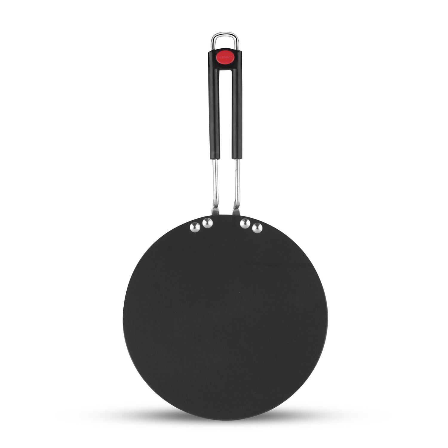Black hard anodised roti Tava with a flat circular surface and a dual riveted handle featuring a red accent, isolated on a white background.