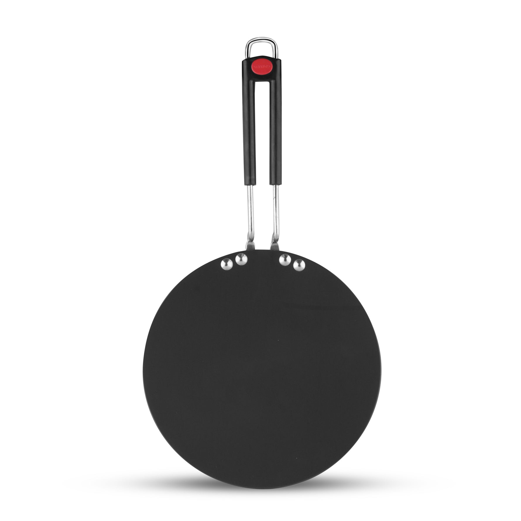 Black hard anodised roti Tava with a flat circular surface and a dual riveted handle featuring a red accent, isolated on a white background.