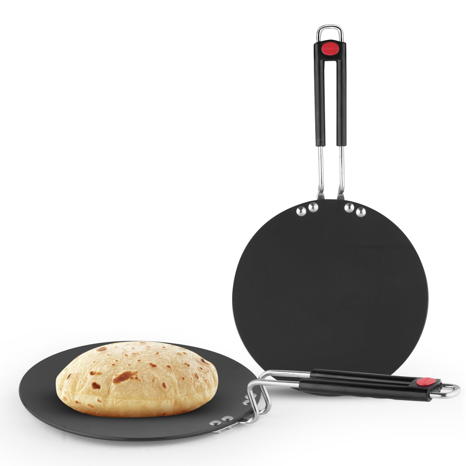 Set of two hard anodised roti tava's with black non-stick surfaces and ergonomic handles; one tava has a fully puffed roti on it, displayed against a white background.