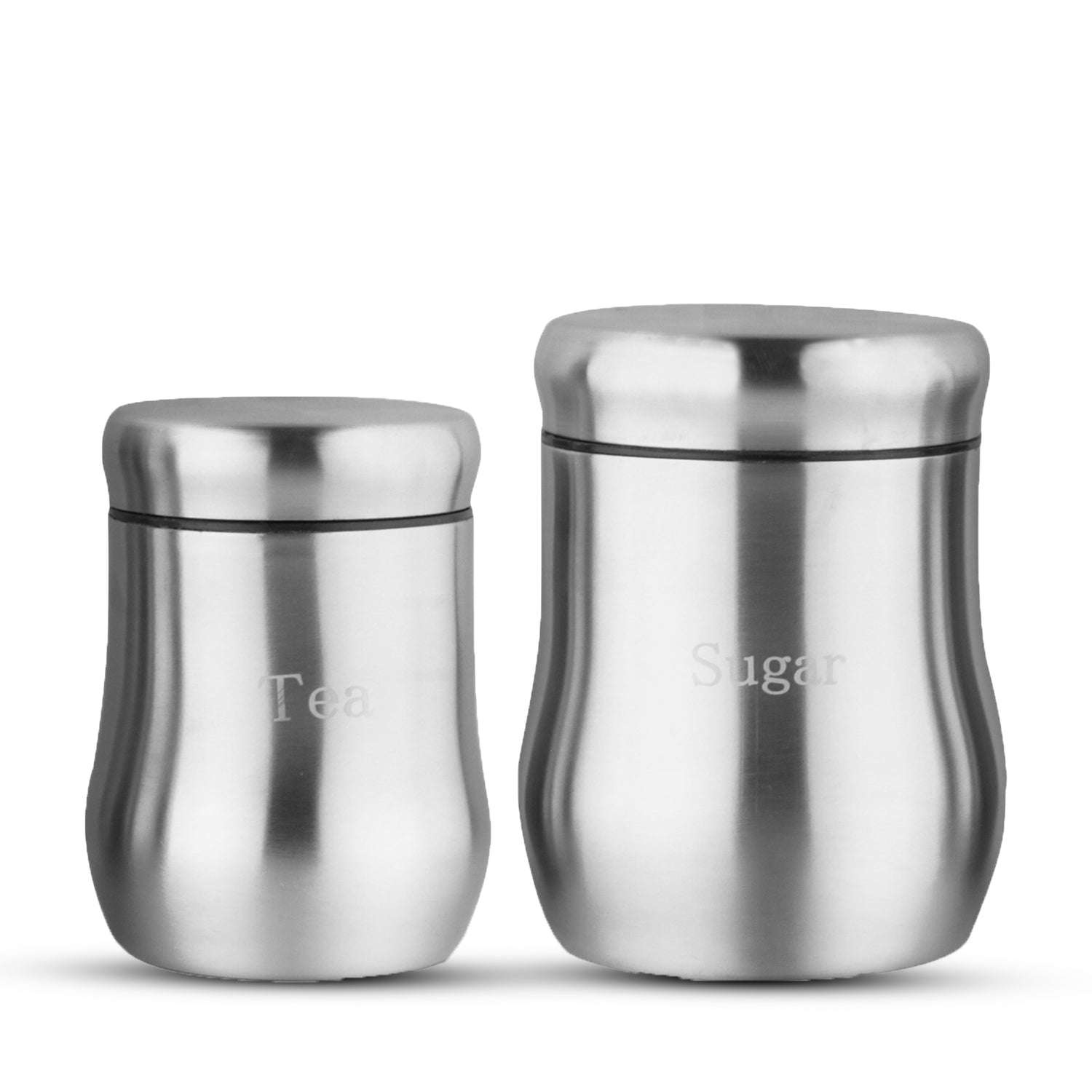 Two-piece stainless steel canister set labelled Tea and Sugar, standing upright on a white surface.