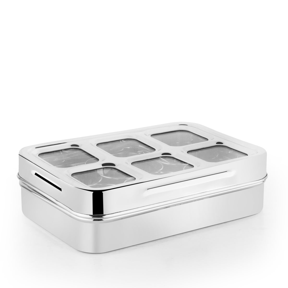 Closed view of Rectangle Masala Dabba with transparent lid and six compartments visible inside – premium stainless steel spice box.