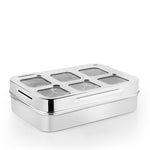 Closed view of Rectangle Masala Dabba with transparent lid and six compartments visible inside – premium stainless steel spice box.