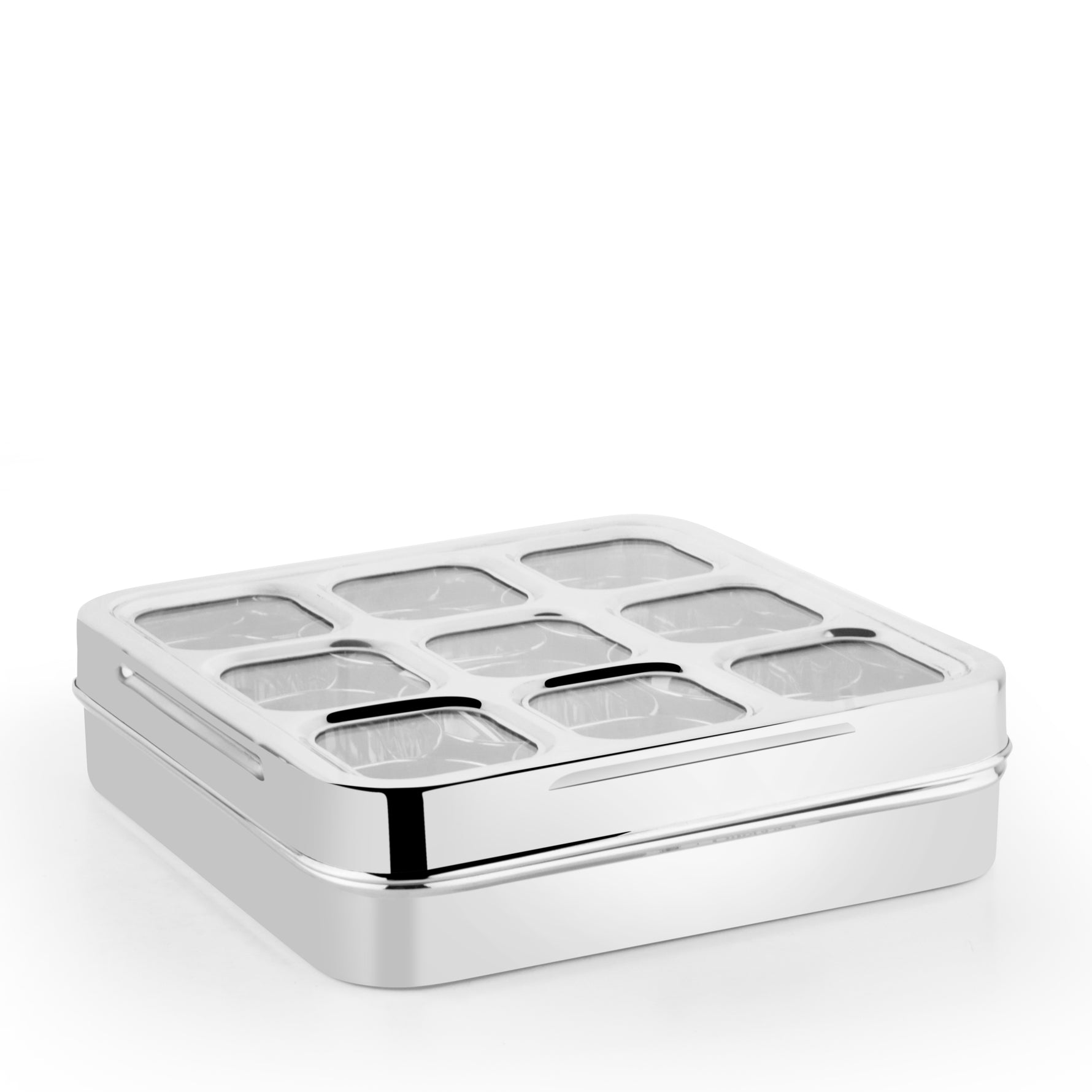 Square stainless steel masala box with a transparent lid and nine round spice containers neatly arranged inside.