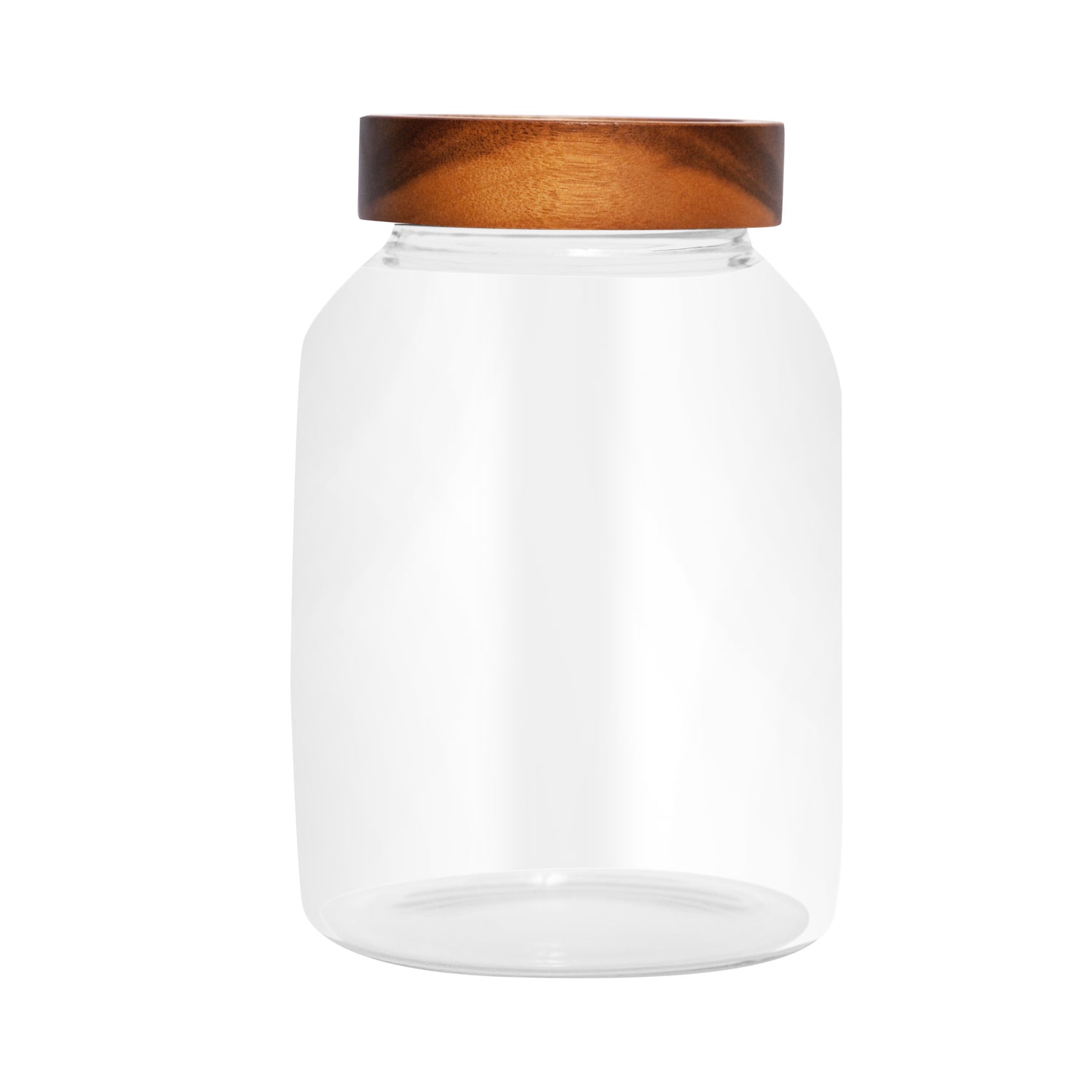 A clear borosilicate glass storage jar with a smooth cylindrical body and a round, flat, wooden lid. The jar is empty and placed against a white background, highlighting its transparency and minimal design.