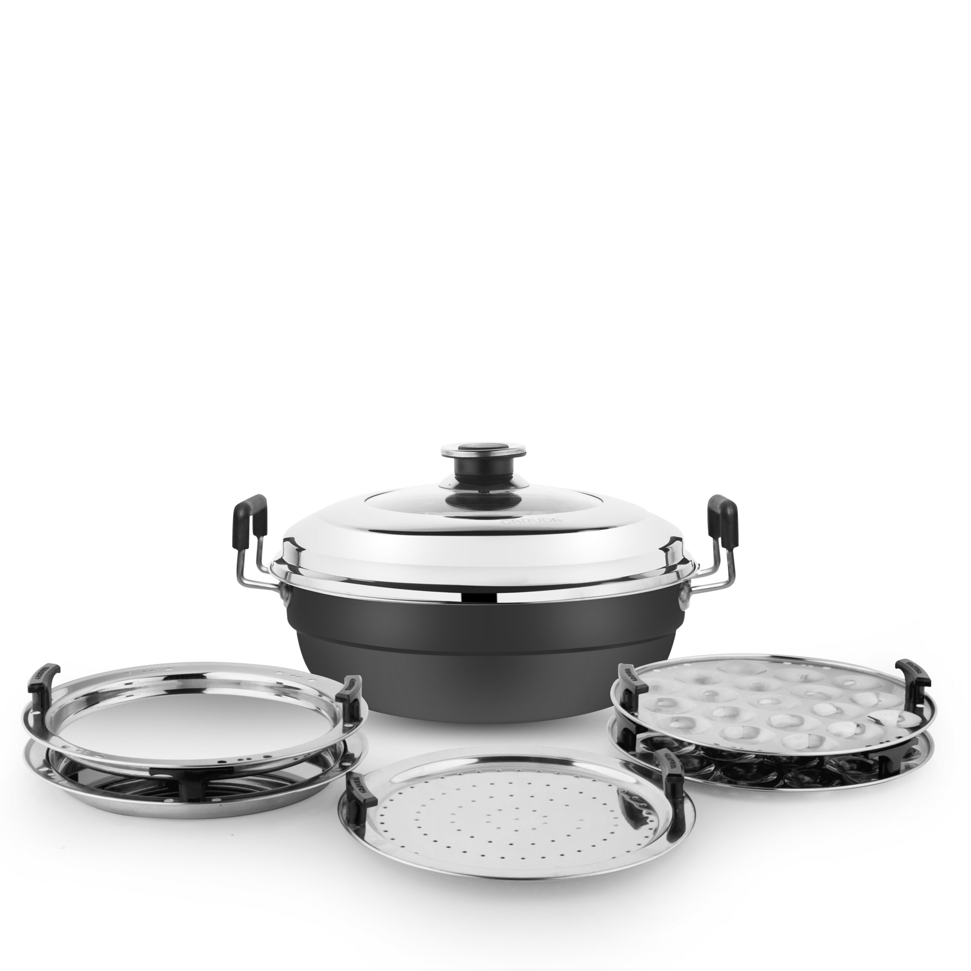 Garuda Hard Annodised Induction Bottom Multi Kadai with Glass Lid