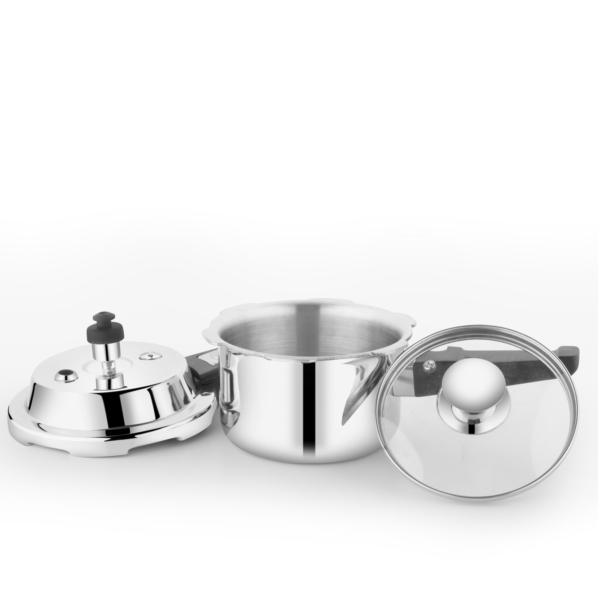 Disassembled 1.5-liter Nexen Triply Pressure Cooker showing the stainless steel body, pressure lid with black handle, and glass lid with round knob.