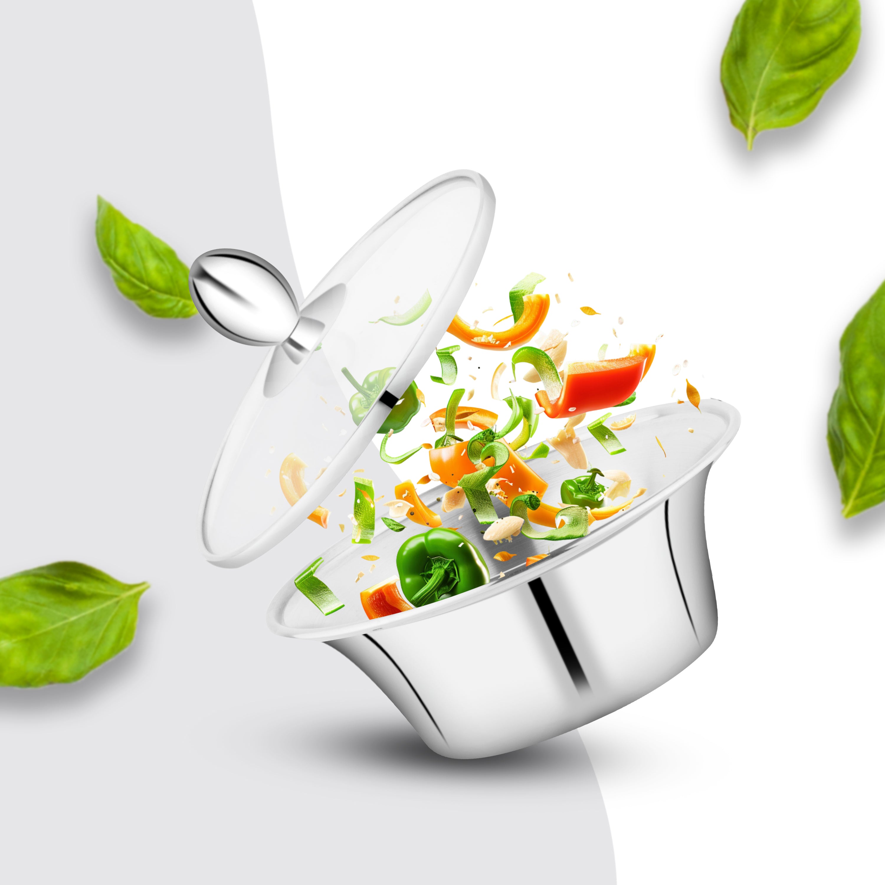 A stylish stainless steel handi with a transparent glass lid slightly lifted, showing colourful vegetables like capsicum and carrots floating in mid-air, suggesting freshness and vibrance. Green basil leaves are scattered around the image for a lively and appetizing presentation.