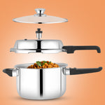 Exploded view of the 2.5 to 5.5-liter Nexen Triply Pressure Cooker with stainless steel body filled with chickpea curry, showing the layered assembly of the glass lid, pressure lid, and pot