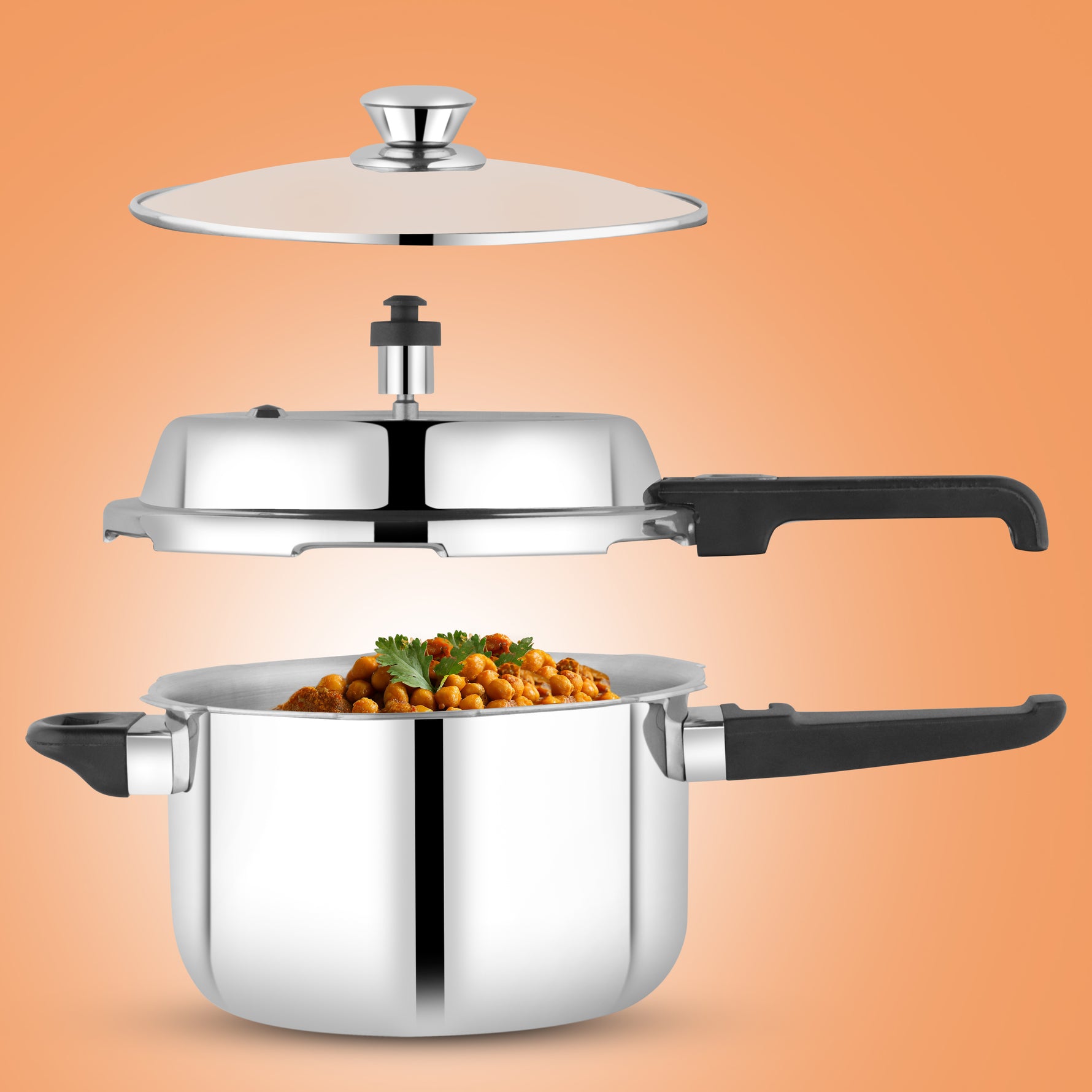 Exploded view of the 2.5 to 5.5-liter Nexen Triply Pressure Cooker with stainless steel body filled with chickpea curry, showing the layered assembly of the glass lid, pressure lid, and pot
