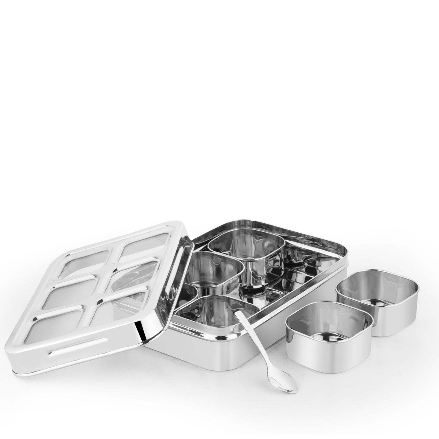 Open Rectangle Masala Dabba showcasing six stainless steel containers and a spoon – ideal for organized spice storage.