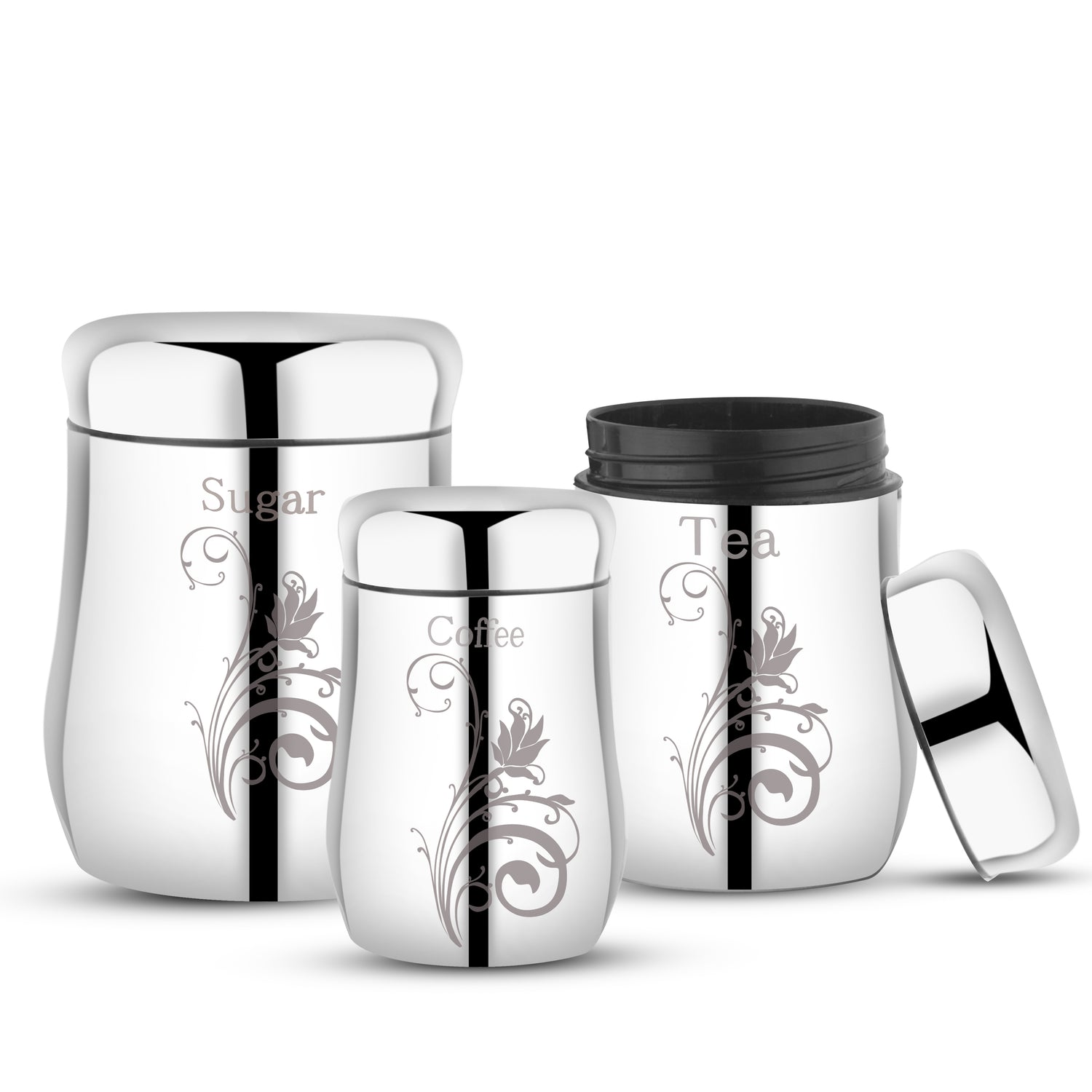Three stainless steel canisters with floral engravings labelled “Tea,” “Sugar,” and “Coffee.”