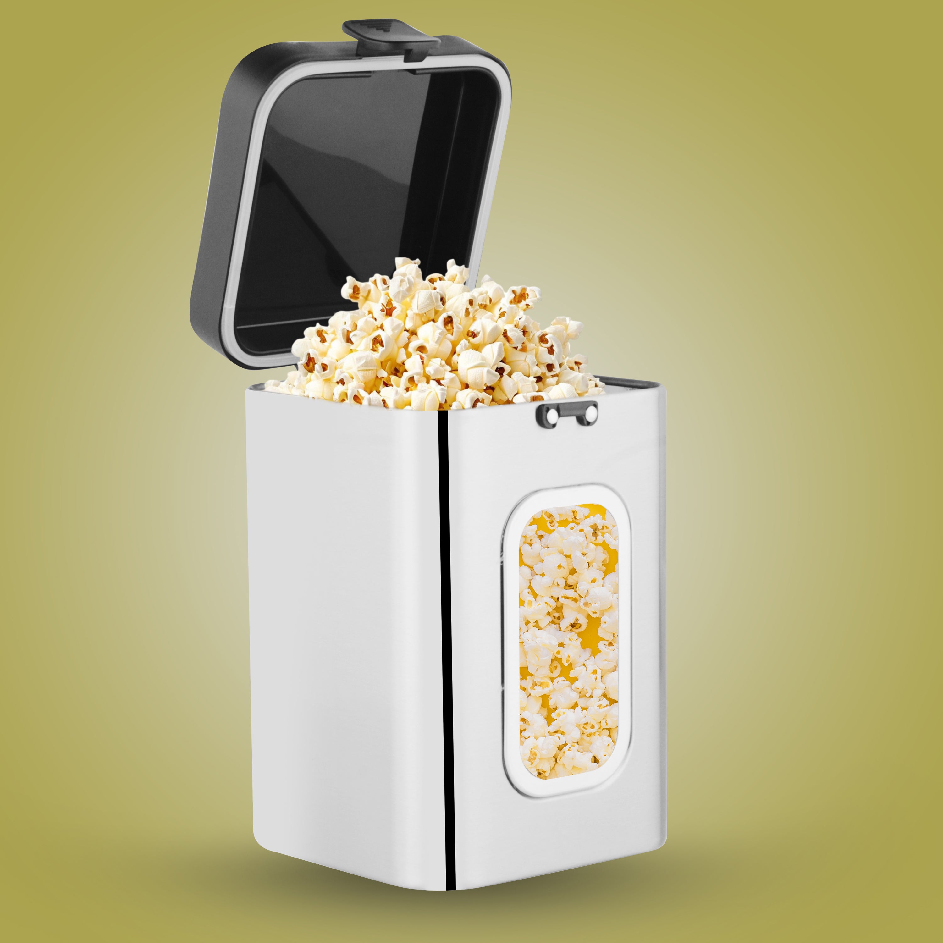 Garuda Stainless Steel Canister filled with popcorn, displaying see-through window and secure black lid for stylish and functional kitchen storage.