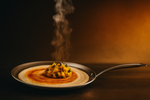 Steaming dish in a pan with a dark background