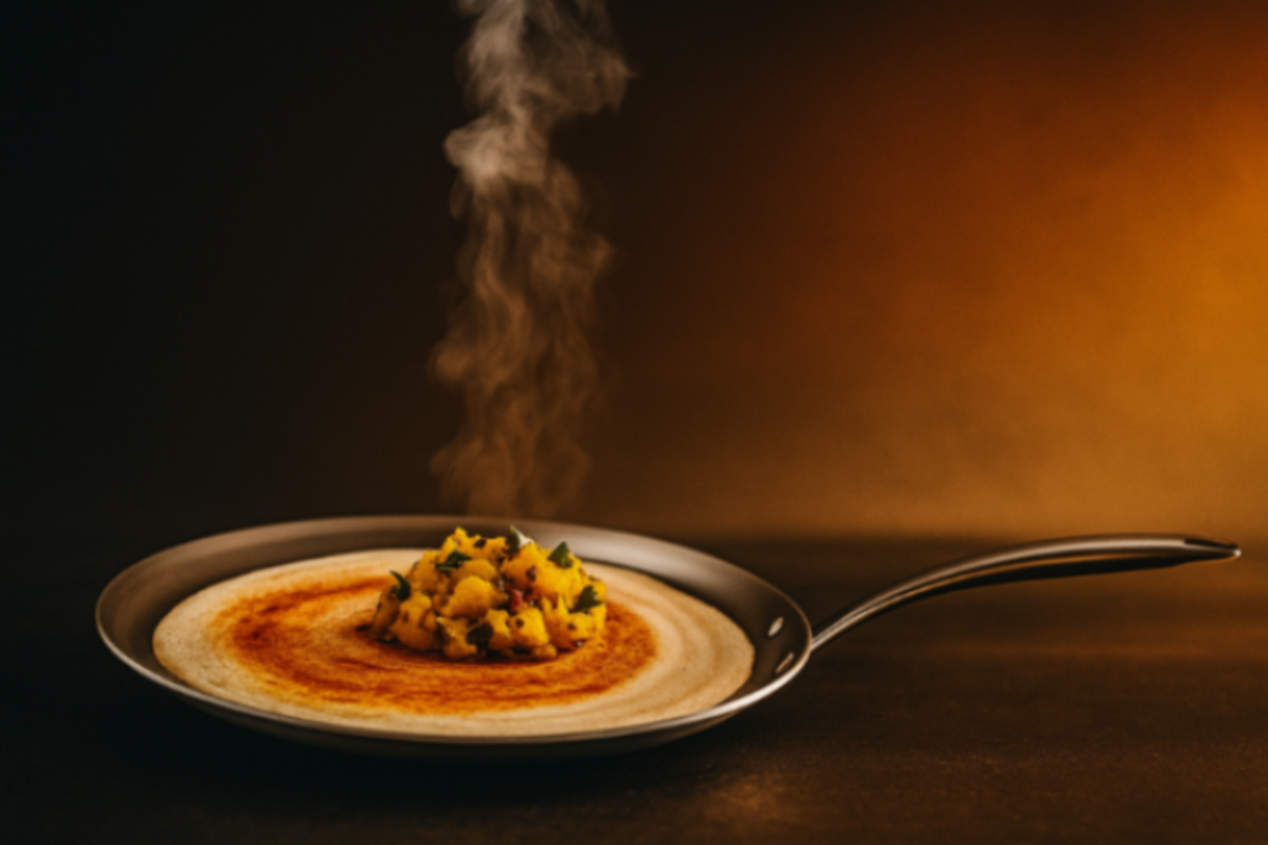 Steaming dish in a pan with a dark background