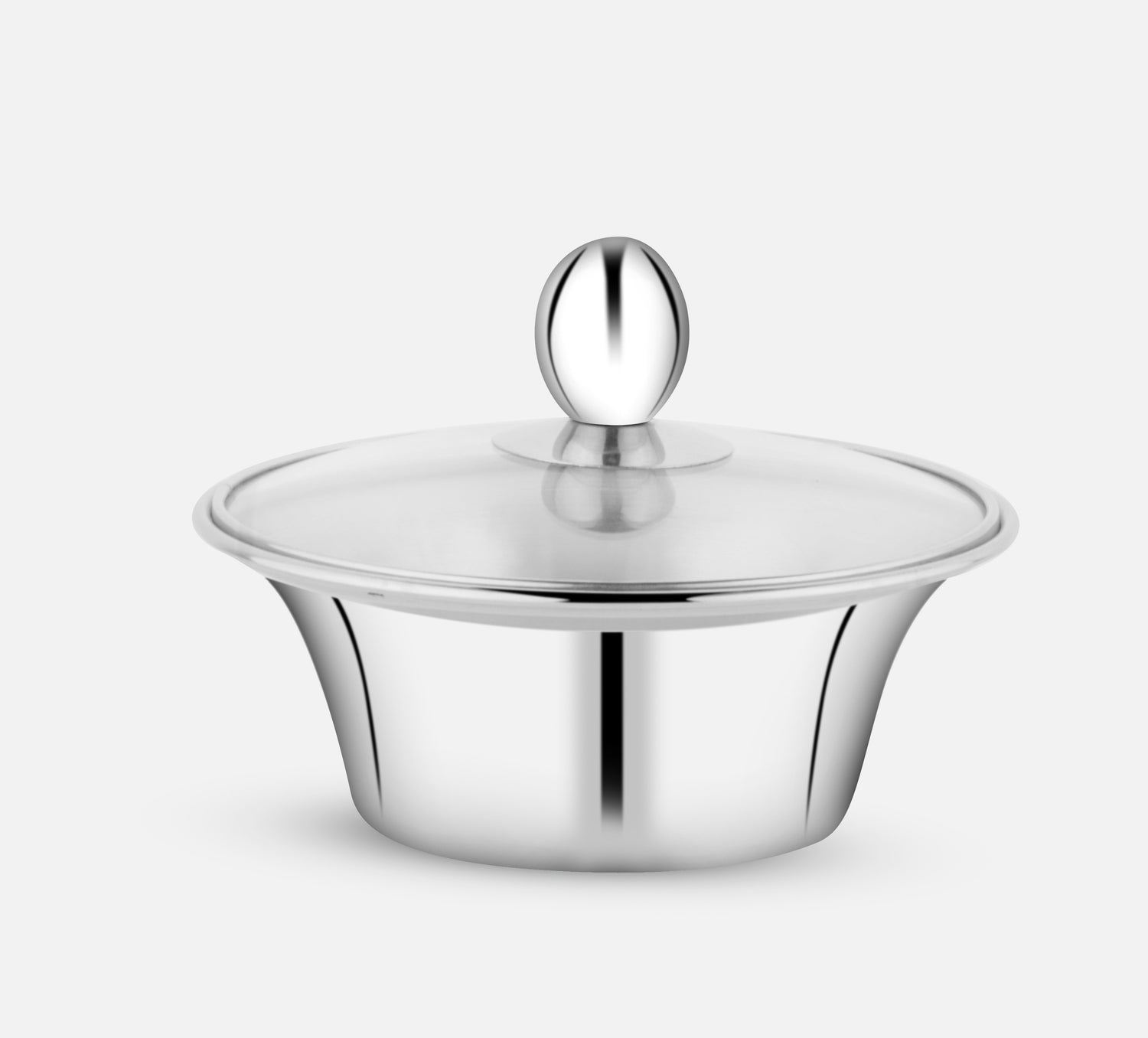 A stainless steel handi with a sleek, polished surface and a glass lid secured with a round steel knob. The handi has a flared rim and a deep bowl design, suitable for elegant serving and keeping food warm.