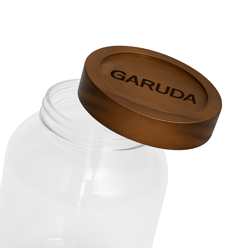 Close-up of Garuda borosilicate glass jar with engraved airtight wooden lid – premium storage jar for food items, offering a secure seal and elegant kitchen aesthetics.