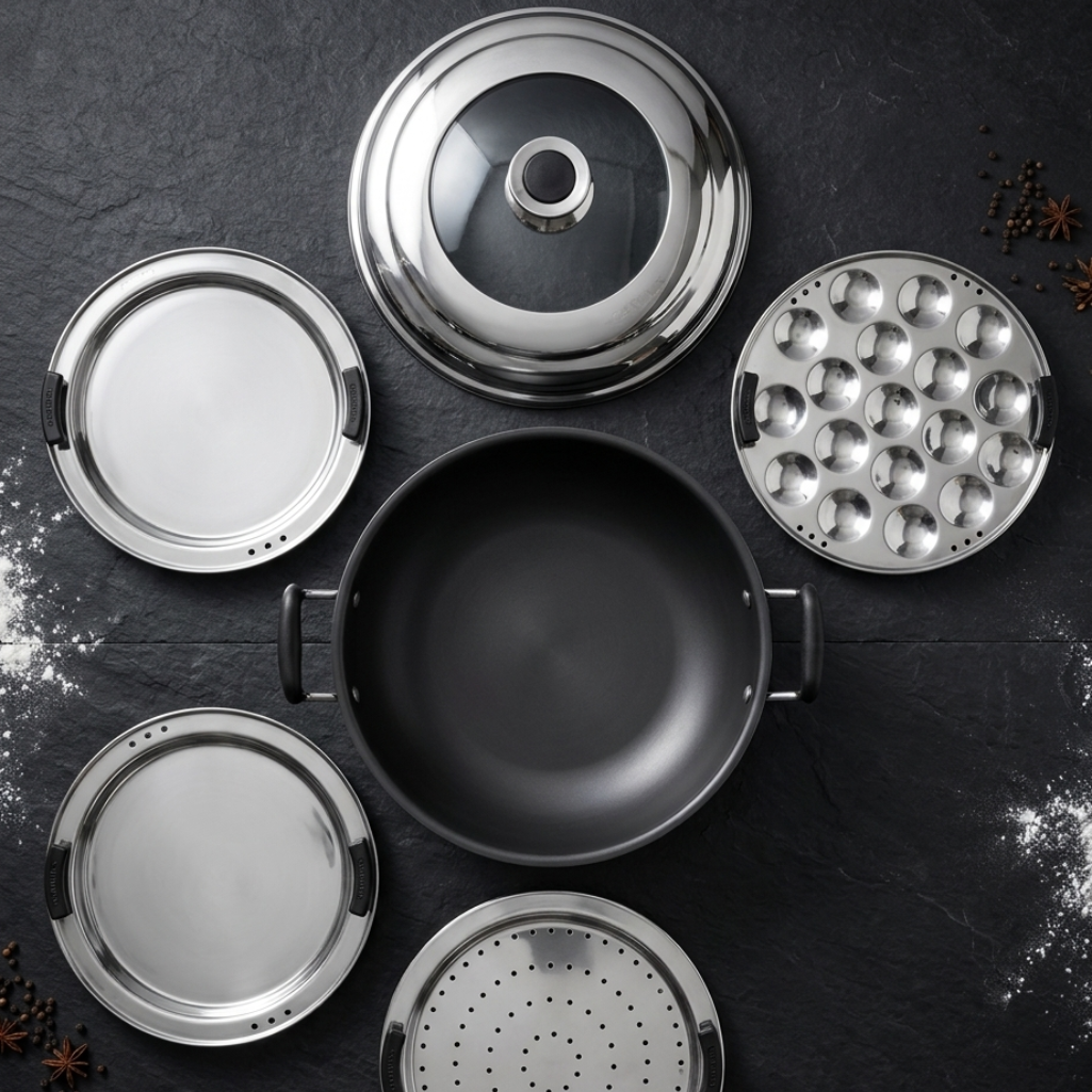 Garuda Hard Annodised Induction Bottom Multi Kadai with Glass Lid