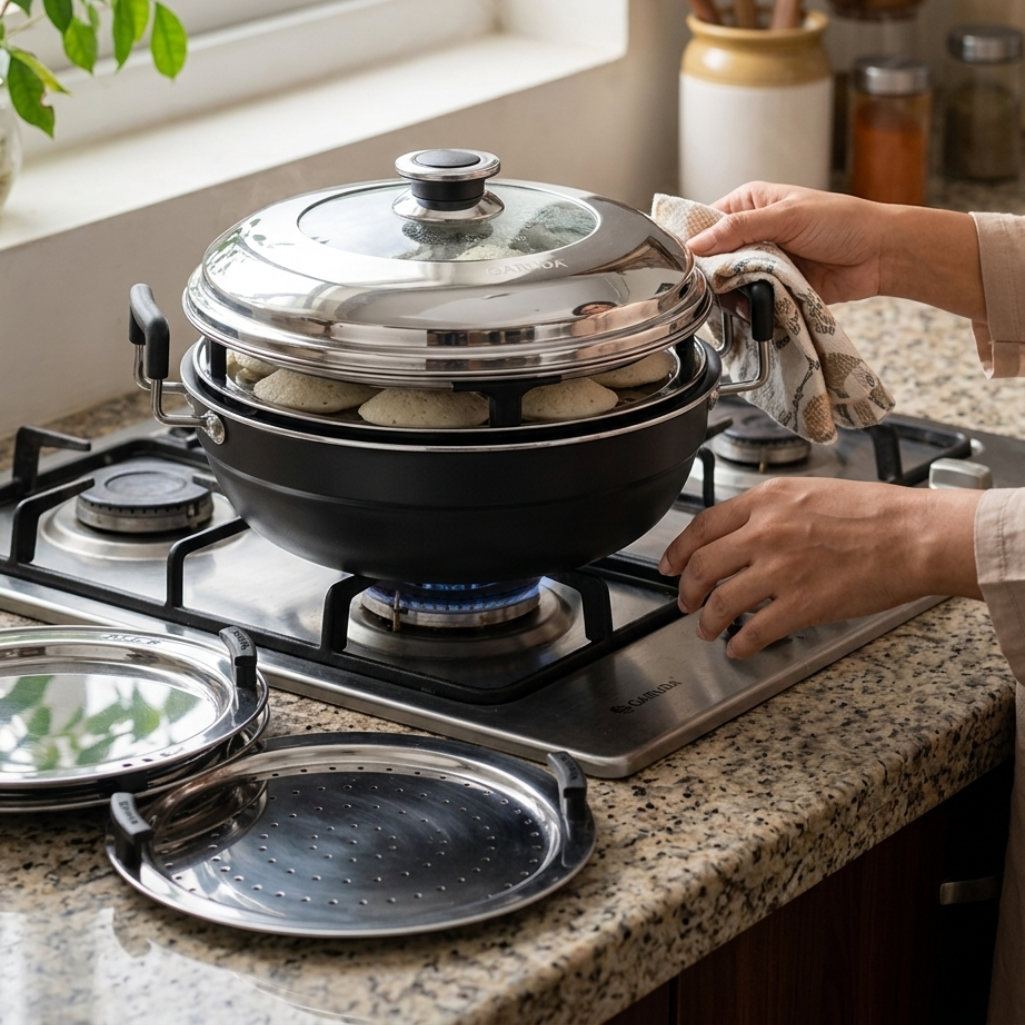 Garuda Hard Annodised Induction Bottom Multi Kadai with Glass Lid