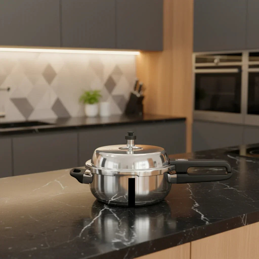 Stainless steel pressure cooker with black handles on a modern kitchen countertop