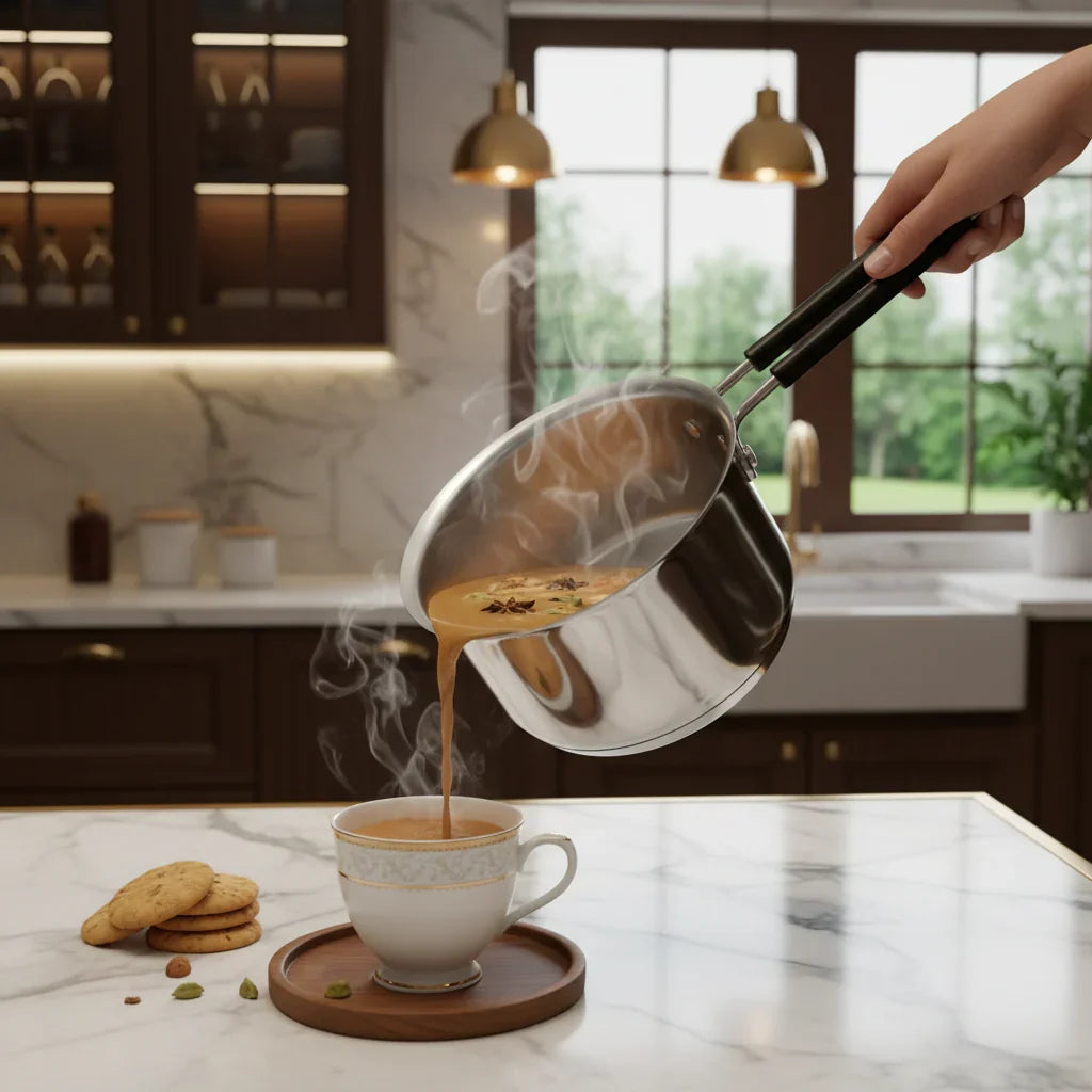Stainless steel saucepan pouring hot chai into a cup on a marble kitchen countertop