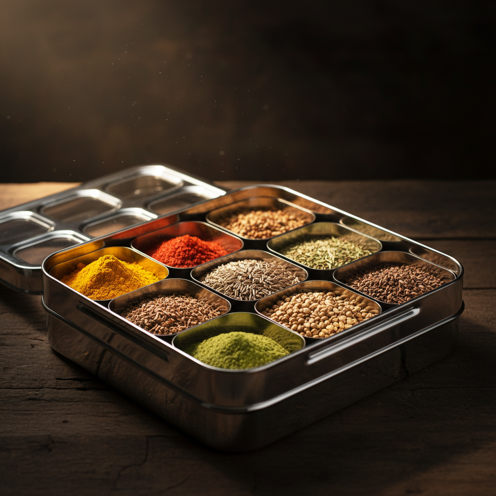 dudki Scatola per spezie e erbe 9 in 1, realizzata a mano, in acciaio inox, con lavorazione Meena, scatola Masala per cucina in acciaio, coperchio trasparente 9 contenitori e cucchiai, verde muschio dudki Scatola per spezie e erbe 9 in 1, realizzata a mano, in acciaio inox, con lavorazione Meena, scatola Masala per cucina in acciaio, coperchio trasparente 9 contenitori e cucchiai, verde muschio